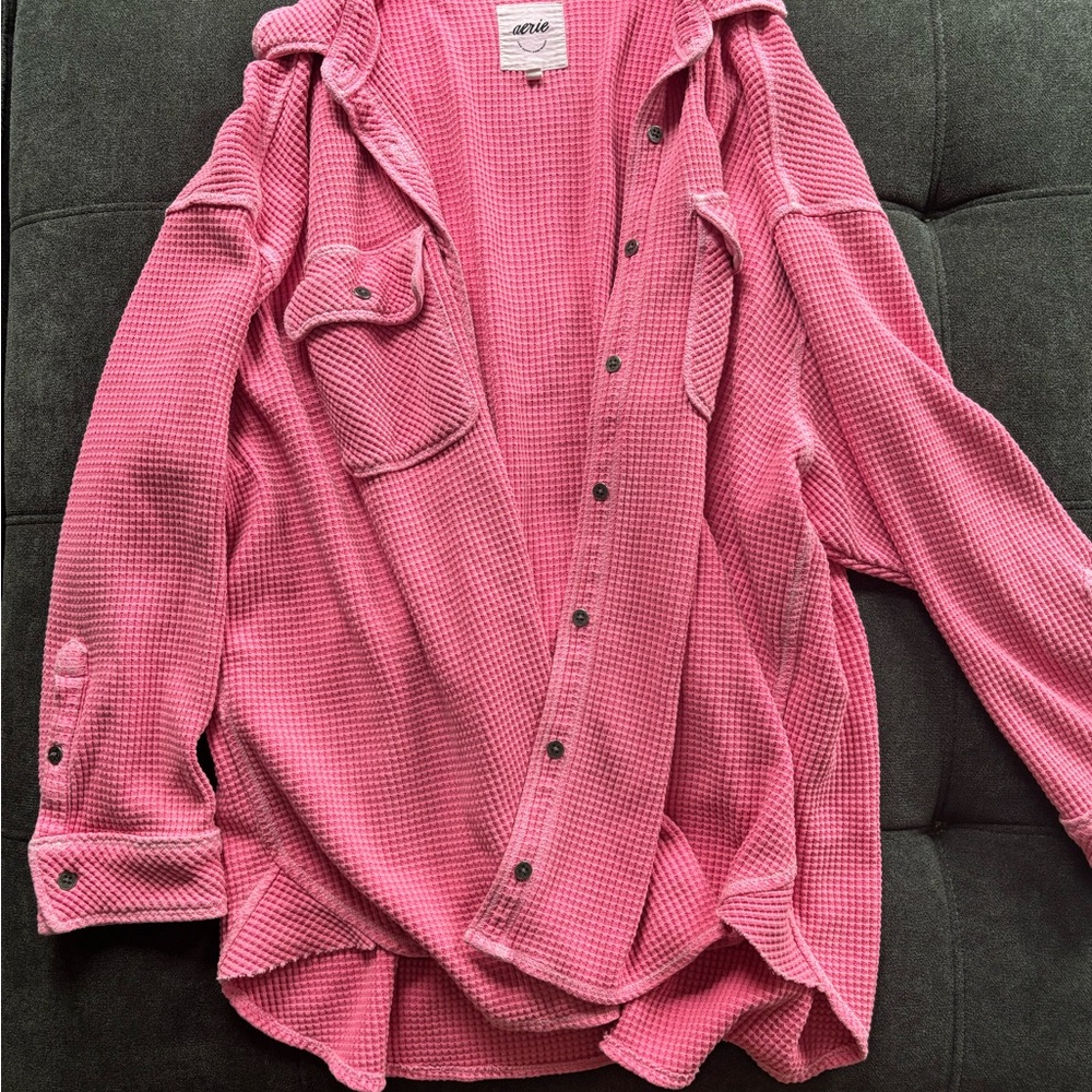 Aerie Pink Waffle Knit Button-Up Shirt